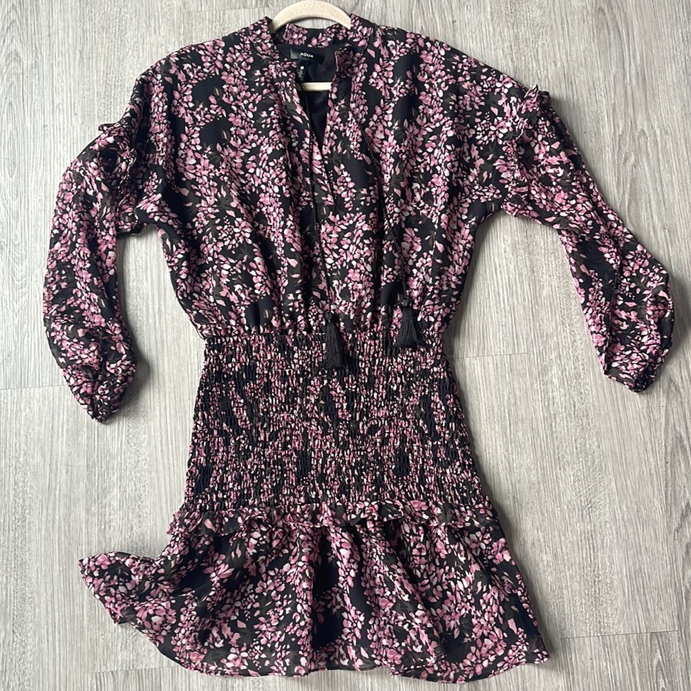 AQUA | Abstract Print Smocked Mini Dress (Size S)
